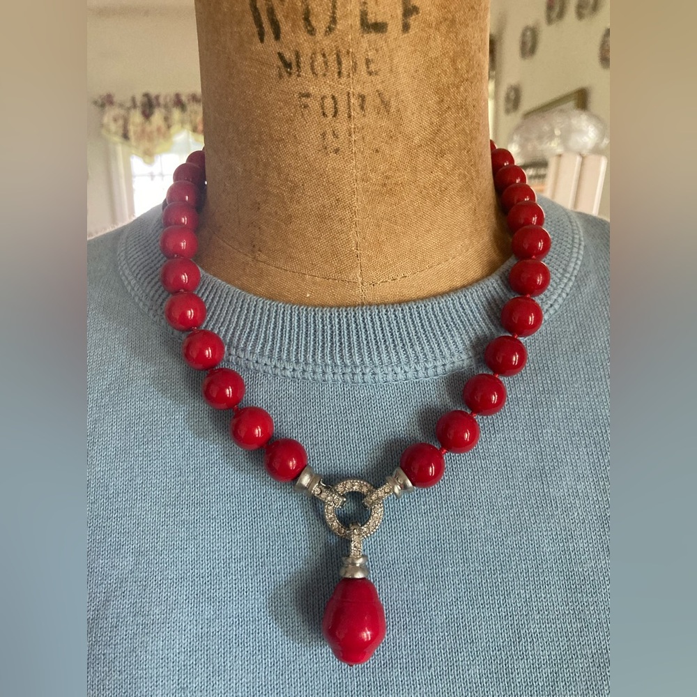 NEW 19” Red Bead & Crystal MAGNETIC Necklace with Drop EASY On & Off